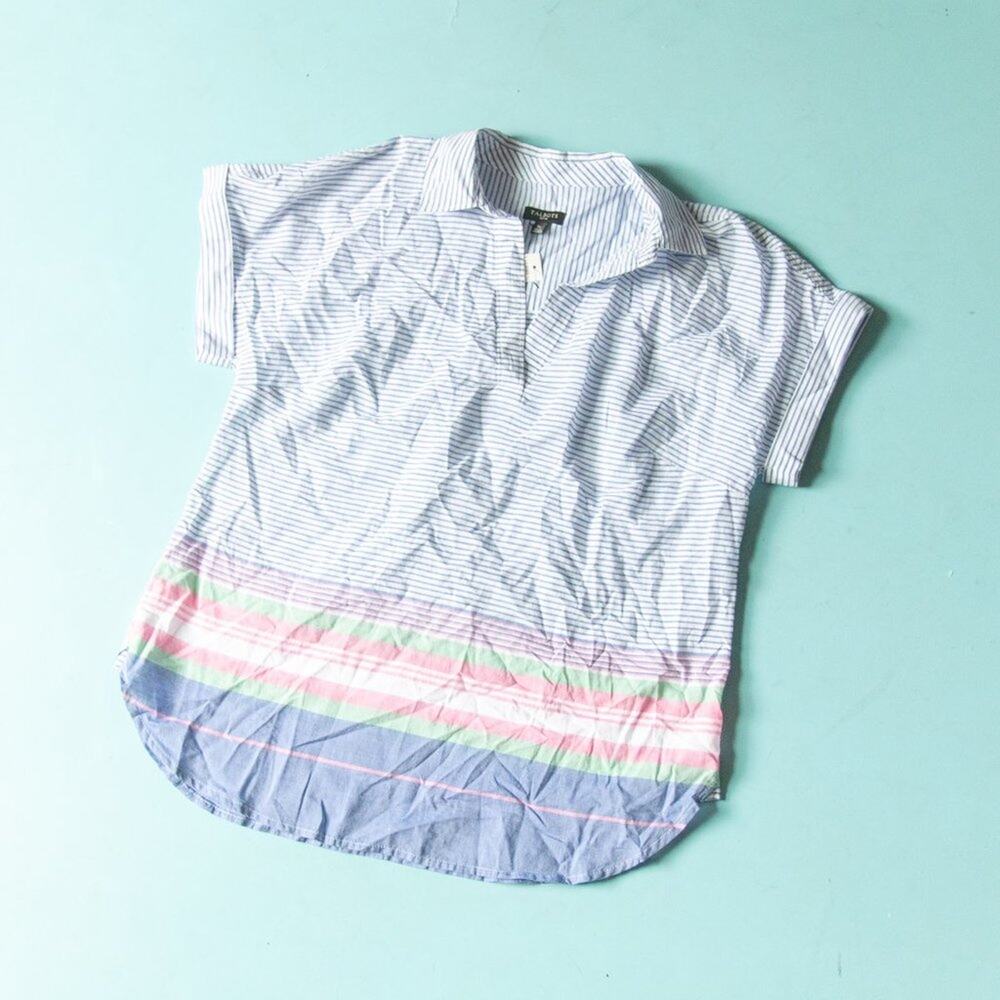 NEW Talbots Beach Stripe 100% Cotton Popover Tunic Short Sleeve Blouse S Petite